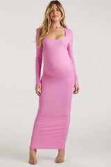 Pink Ribbed Long Sleeve Square Neck Maternity Maxi Dress