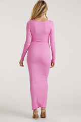 Pink Ribbed Long Sleeve Square Neck Maternity Maxi Dress