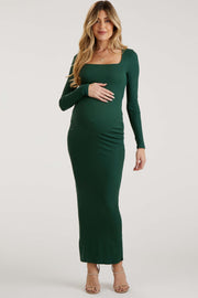 Forest Green Ribbed Long Sleeve Square Neck Maternity Maxi Dress