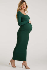 Forest Green Ribbed Long Sleeve Square Neck Maternity Maxi Dress