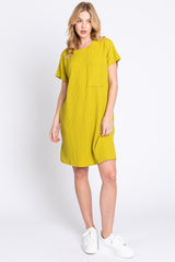 Lime Ribbed Front Pocket Dolman Short Sleeve Dress