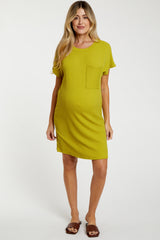 Lime Ribbed Front Pocket Dolman Short Sleeve Maternity Dress