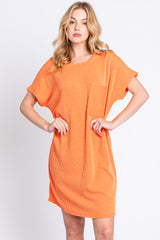 Orange Ribbed Front Pocket Dolman Short Sleeve Dress