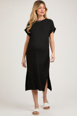 Black Ribbed Short Sleeve Maternity Midi Dress