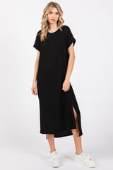 Black Ribbed Short Sleeve Midi Dress