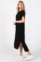 Black Ribbed Short Sleeve Midi Dress