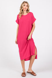 Fuchsia Ribbed Short Sleeve Midi Dress