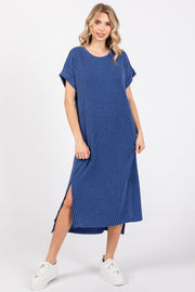 Blue Ribbed Short Sleeve Midi Dress