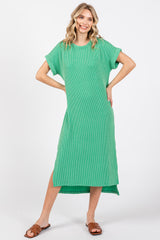 Green Ribbed Short Sleeve Maternity Midi Dress