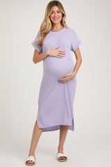 Lavender Ribbed Short Sleeve Maternity Midi Dress