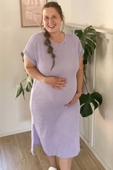 Lavender Ribbed Short Sleeve Maternity Midi Dress