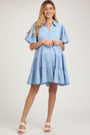 Light Blue Puff Sleeve Maternity Mini Shirt Dress