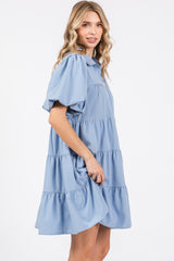 Light Blue Puff Sleeve Mini Shirt Dress