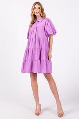 Lavender Puff Sleeve Mini Shirt Dress