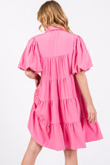 Pink Puff Sleeve Mini Shirt Dress