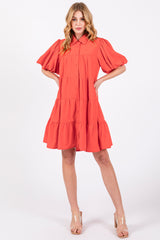 Coral Red Puff Sleeve Maternity Mini Shirt Dress