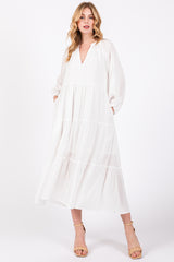 White Textured Tiered Maternity Midi Dress