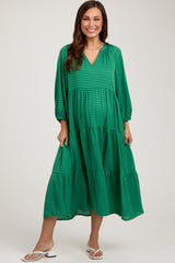 Green Textured Tiered Maternity Midi Dress