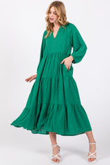 Green Textured Tiered Midi Dress