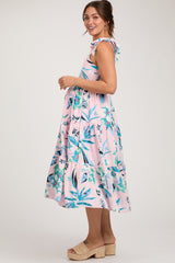 Light Pink Sleeveless Floral Tiered Maternity Midi Dress