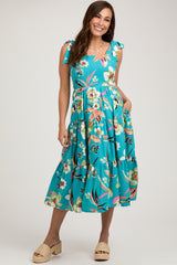 Turquoise Sleeveless Floral Tiered Maternity Midi Dress