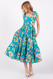 Turquoise Sleeveless Floral Tiered Midi Dress