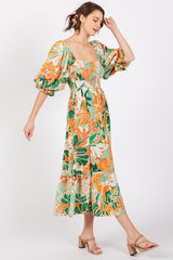 Orange Leaf Print Puff Sleeve Smocked Midi Dress