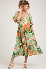 Orange Leaf Print Puff Sleeve Smocked Maternity Midi Dress