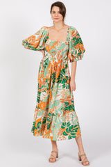 Orange Leaf Print Puff Sleeve Smocked Midi Dress