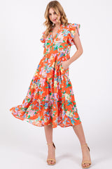 Orange Floral Ruffle Tiered Maternity Dress