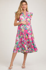 Fuchsia Floral Ruffle Tiered Maternity Dress