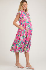 Fuchsia Floral Ruffle Tiered Maternity Dress