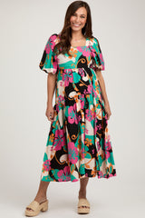 Black Floral Tiered Puff Sleeve Maternity Midi Dress