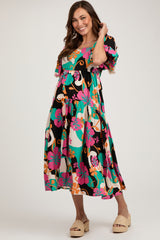 Black Floral Tiered Puff Sleeve Maternity Midi Dress