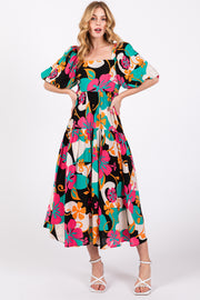 Black Floral Tiered Puff Sleeve Midi Dress