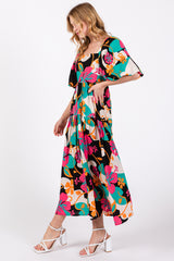 Black Floral Tiered Puff Sleeve Midi Dress