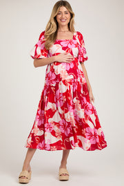 Red Floral Tiered Puff Sleeve Maternity Midi Dress