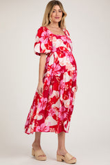 Red Floral Tiered Puff Sleeve Maternity Midi Dress