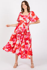 Red Floral Tiered Puff Sleeve Maternity Midi Dress