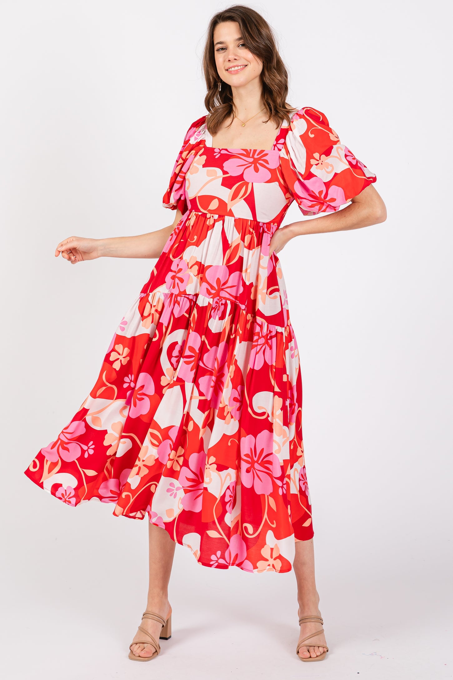 Red Floral Tiered Puff Sleeve Midi Dress – PinkBlush