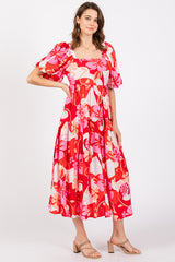 Red Floral Tiered Puff Sleeve Midi Dress