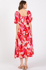 Red Floral Tiered Puff Sleeve Midi Dress