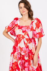 Red Floral Tiered Puff Sleeve Midi Dress