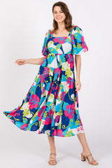 Royal Floral Tiered Puff Sleeve Midi Dress