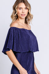 Navy Pleated Ruffle Off Shoulder Maxi Dress