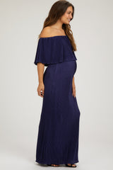 Navy Pleated Ruffle Off Shoulder Maternity Maxi Dress