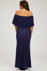 Navy Pleated Ruffle Off Shoulder Maternity Maxi Dress