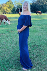 Navy Pleated Ruffle Off Shoulder Maternity Maxi Dress