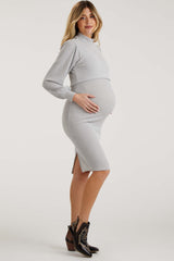 Heather Grey Rib Knit Mock Neck Maternity Nursing Dress