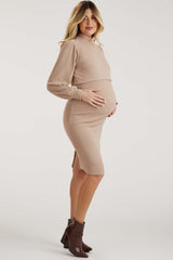 Taupe Rib Knit Mock Neck Maternity Nursing Dress